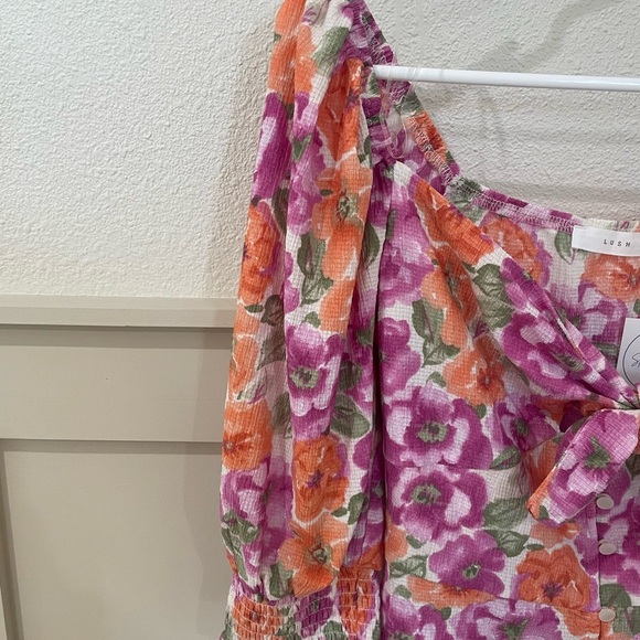 Lush Pink and Orange Floral Font-Tie Romper with Puff Sleeves Small - Picture 9 of 12